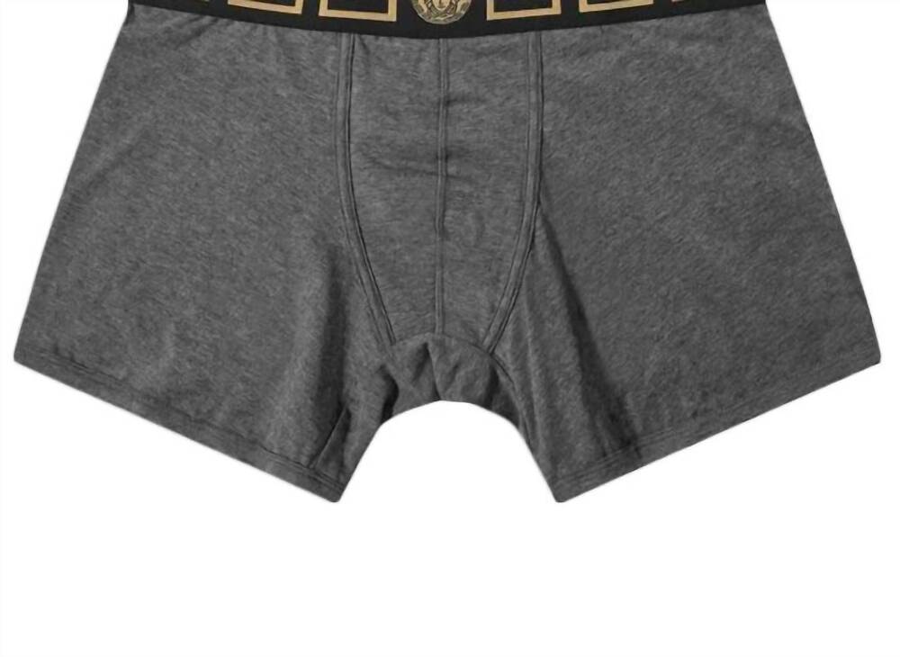 NEW VERSACE men's long trunk with greca border in grey/gold